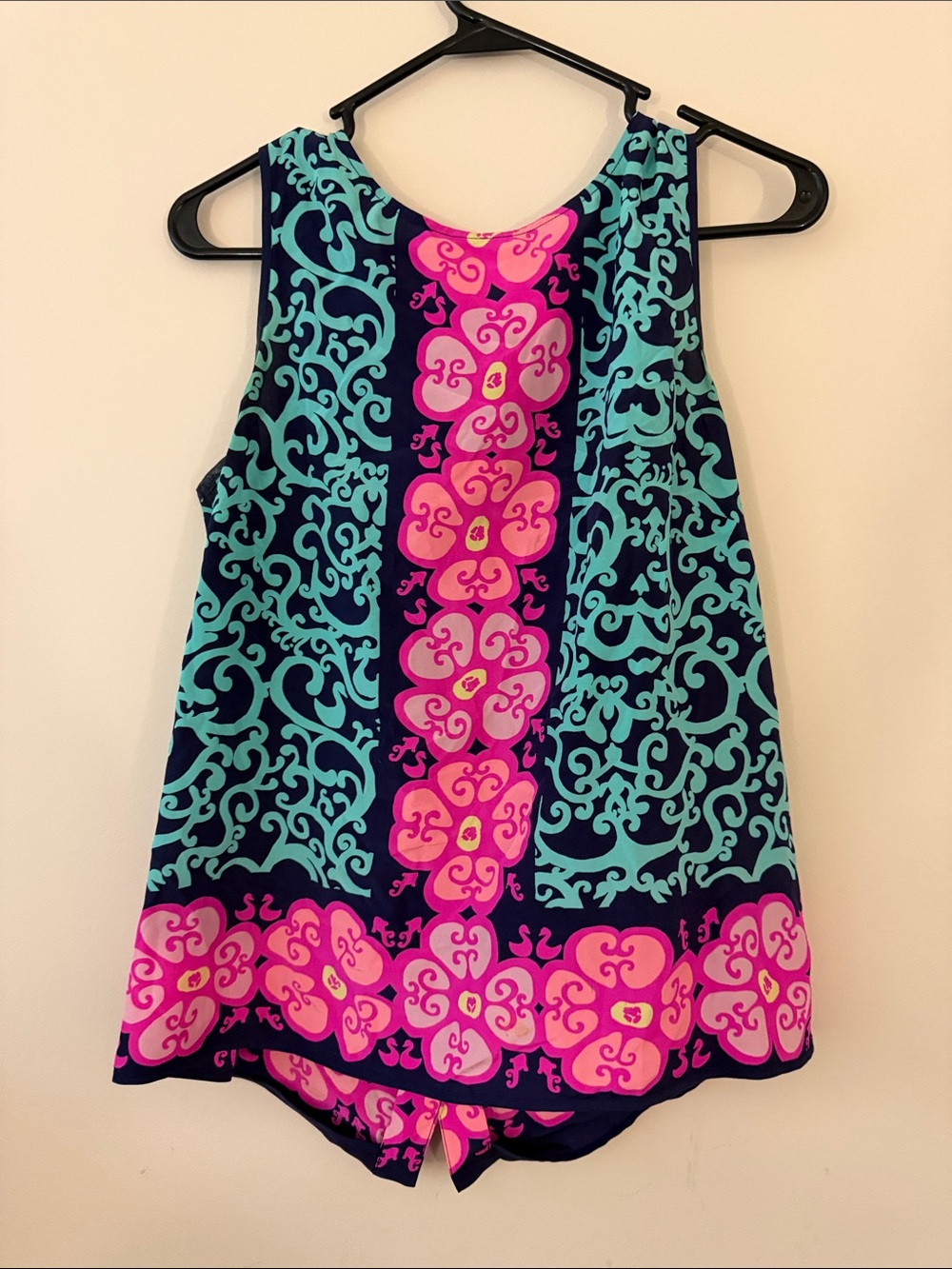 Lilly Pulitzer Navy Tank with Pink Floral & Teal Scrollwork